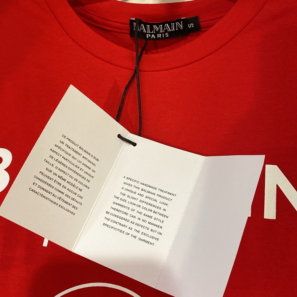 Balmain Red Cropped Logo Tee with White Print - Picture 3 of 4